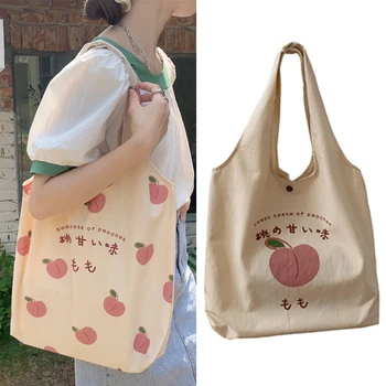 Скъпа холщовая чанта с персиковым принтом, дизайнерска чанта, японски женски еко-чанта през рамо, эстетичные за ученици, портмонета за пазаруване
