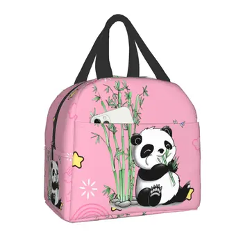 Случайна чанта за обяд с изображение на мечка панда за пикник на открито, преносим охладител, термален обяд-бокс, женски, детски, ученически, работни, чанти за съхранение на храни