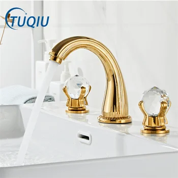 Смесител за мивка Tuqiu, златна широко разпространен кран за мивка, месинг кран за мивка в банята, смесителна батерия за топла и студена вода с 3 дупки, кристален дръжка, смесителна батерия за топла и студена вода