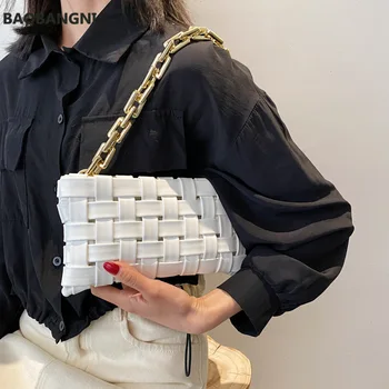 Сплетен дизайн на плик, малка чанта през рамо на веригата за жени, трендови чанти и портмонета от изкуствена кожа под мишниците