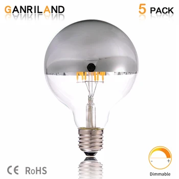 Сребърен леген от GANRILAND G95 E27, led вертикална лампа с нажежаема жичка, 6 W, топло бяла 2700 До, кръгли лампи с регулируема яркост за огледално-рефлексни на фаровете