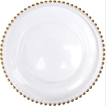 стъклена необикновена дизайнерска чиния с перлена инкрустация за украса на сватбени мероприятия, златни, сребърни чинии кът