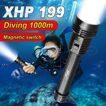 Супер ярко фенерче за гмуркане XHP199 LED IPX8 Водоустойчив професионален фенер за гмуркане, захранван от батерии 18650 с магнитен ключ