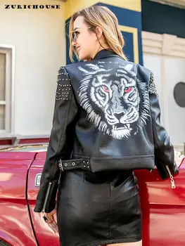 Съкратен мотоциклетни якета от изкуствена кожа, дамски тенденции 2023, градинска дрехи с принтом главата на тигър, кожено яке с шипове в стил пънк, черна