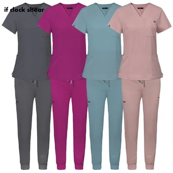 Униформи за медицински сестри с къс ръкав, мъжки и женски тела с V-образно деколте и джоб, свободна риза и панталони за джогинг, унисекс, работно облекло, униформи-прочистете