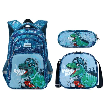 Училищна чанта с динозавром от 3 теми за момчета, ученическа раница за момичета, определени с пеналом за обяд, чанта за училищни книги за деца