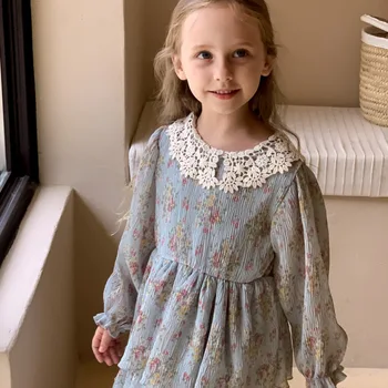 Френското винтажное рокля с цветен модел за момичета, пролет-есен 2023, нови детски ежедневни рокли в ретро стил с дълъг ръкав, празнично детско рокля на принцеса