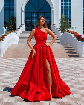 Червени рокли за бала с намаляване на едното рамо, дамски официални рокли трапецовидна форма, сатен елегантна прости дълги вечерни рокли