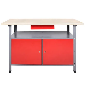 Червено-сиво шкаф за съхранение на гаражни инструменти, работна маса, работна маса, маса