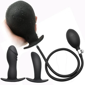 Черен анален накрайник Реалистичен пенис, голям надуваем вибратор, секс играчки за жени, силиконови секс-стоки, помпа на присоске, голяма анален накрайник