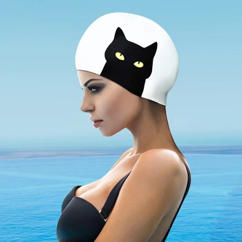 Шапка за плуване с анимационни котка, гъвкава водоустойчива силиконова кърпа, дълга коса, спортен шапка за басейна, висока еластичност, скъпа модна шапка за плуване