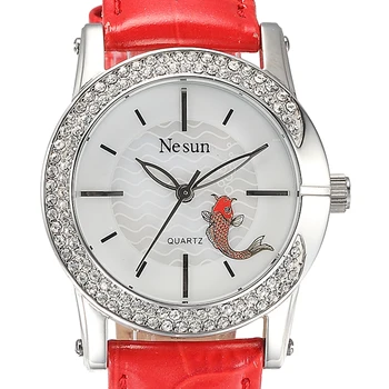 Швейцарски дамски часовници луксозна марка NESUN, японски кварцов часовник, дамски сапфировые водоустойчив ръчен часовник от кожа с диаманти N6201