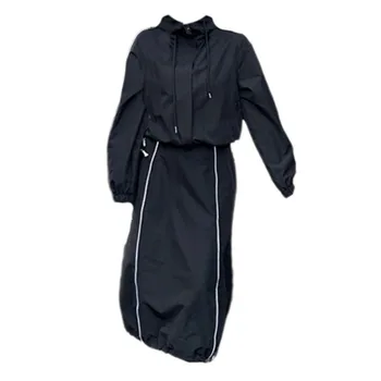 Японски улични черни блузи с качулка, с дълъг ръкав, дамски есенни нови поли с висока талия и рюшами, комплекти от две части в стил Гръндж Mujer Y2k