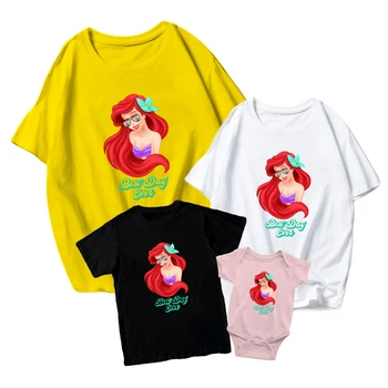Тениска от серията Disney Ariel Принцеса със слънчеви очила, детски гащеризон с къс ръкав за момичета и момчета, подходящ за семейство топ с кръгло деколте за възрастни